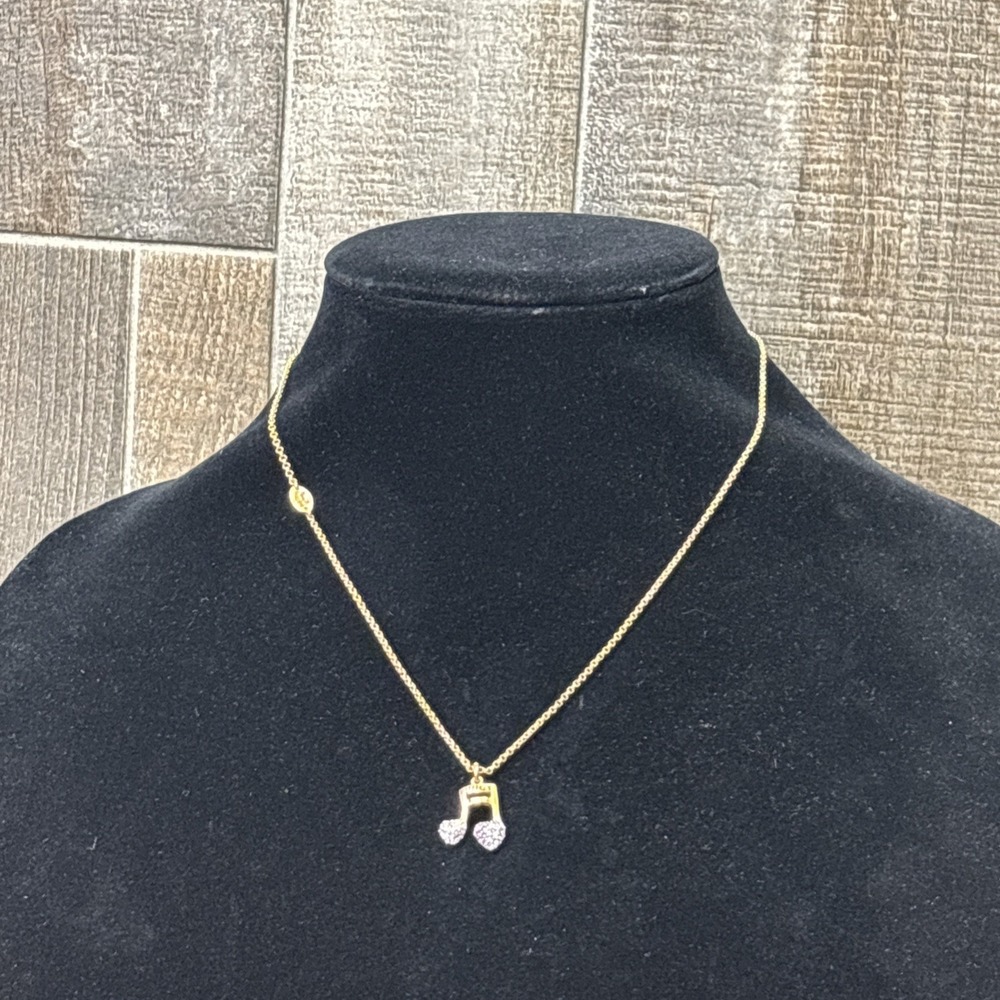 Y2K Juicy Couture Pave Crystal Heart Music Note Necklace Gold Tone
